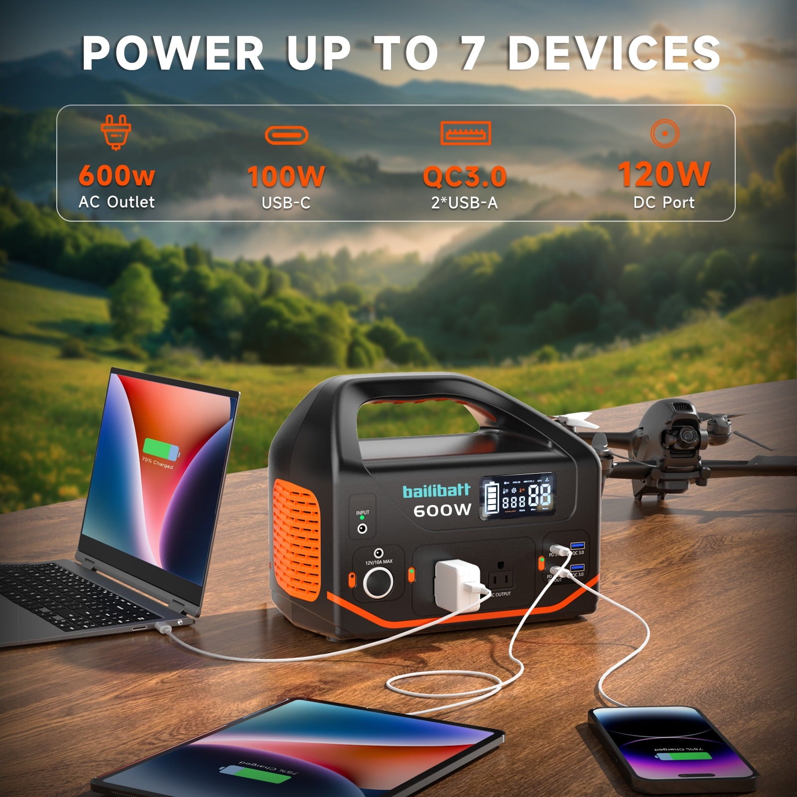 Bailibatt 600W Portable Power Station, 293Wh Solar Generator with Multiple Output Ports, Fast Charging, Lightweight Design for Camping and Home Backup